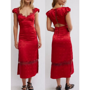 NEW FREE PEOPLE Foolish Heart Midi Dress Red Dahlia Combo Sz XS